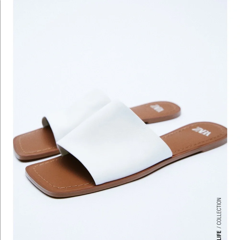 New Zara Genuine Leather Square Toe Flat Sandals Shoes Euro 40 - Picture 2 of 11